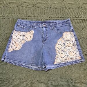 Womens Jean Shorts Custom Crocheted Cream And Gold Lace Detailing